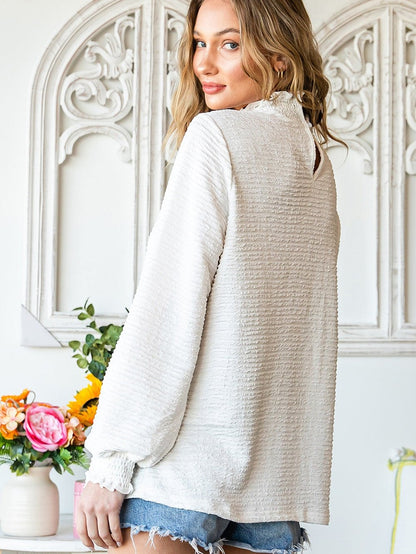 Elegant Textured White Lantern Sleeve Blouse with Smocked High Neck