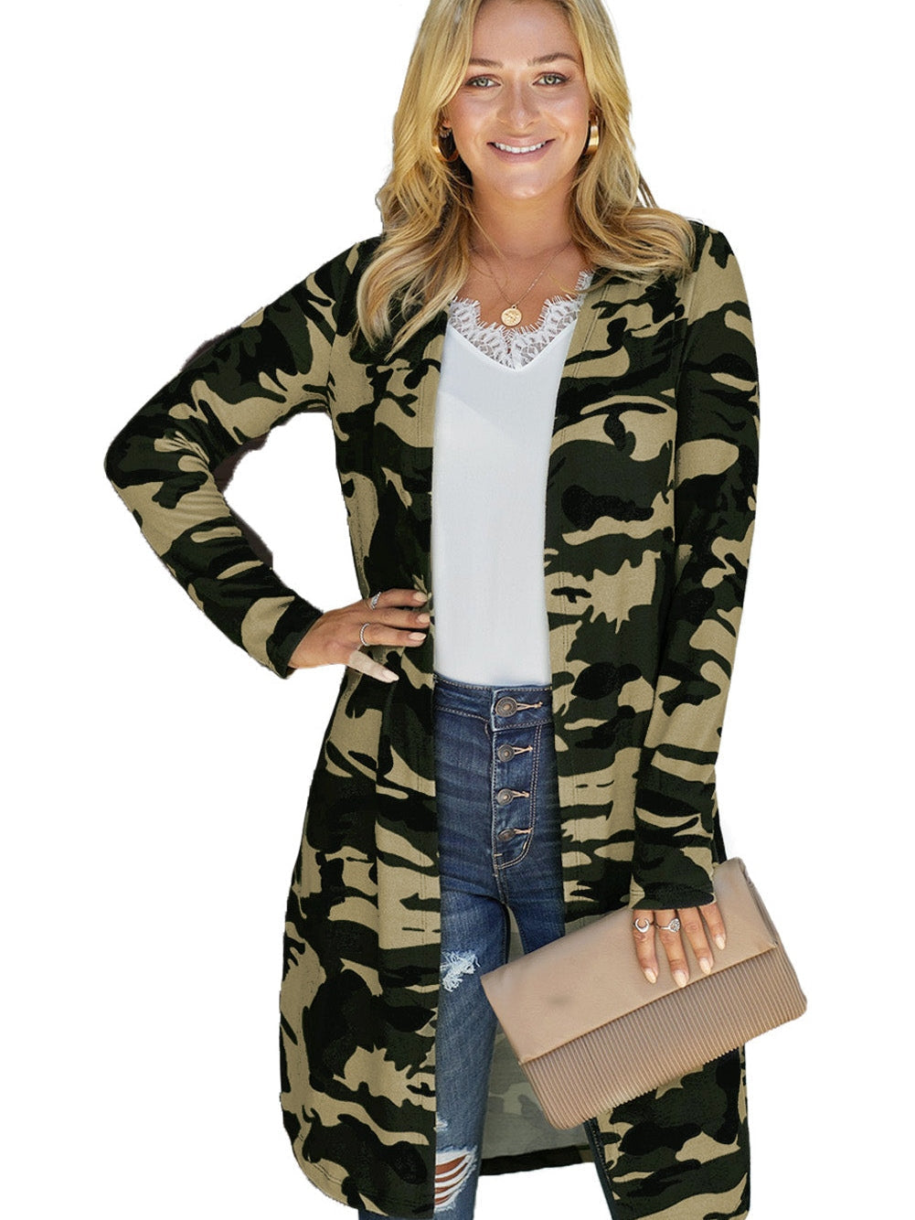 Green Camo Print V-Neck Cardigan