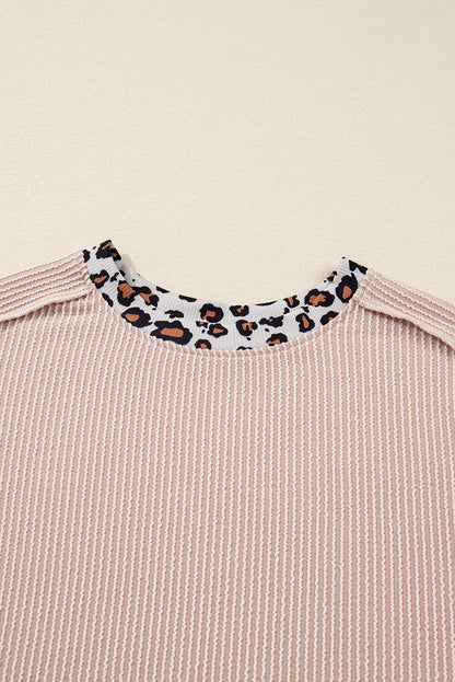 Beige Twist Ribbed Leopard Color Block Detail Drop Shoulder Long Sleeve Top