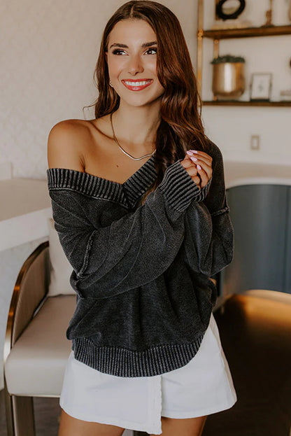 Black Mineral Wash V Neck Knit Exposed Seam Drop Shoulder Loose Sweater