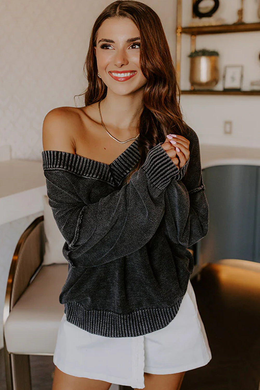 Black Mineral Wash V Neck Knit Exposed Seam Drop Shoulder Loose Sweater