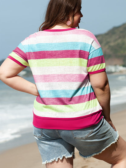 Rose Stripe Plus Size Textured Knit Short Sleeve Henley Top