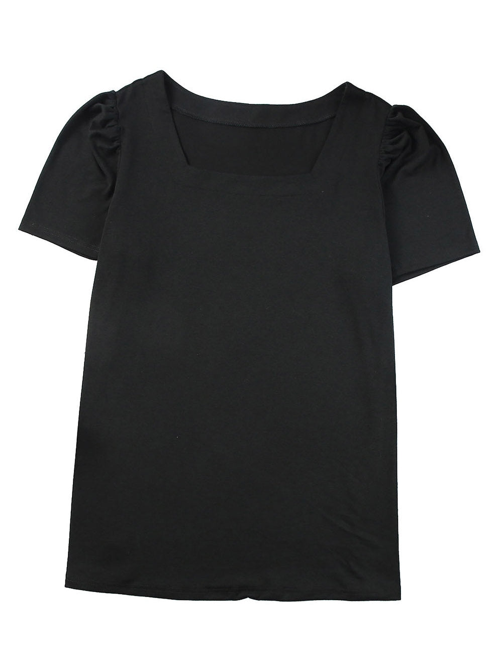 Black Plus Size Square Neck Ruched Shoulder Short Sleeve Top