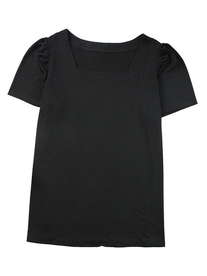 Black Plus Size Square Neck Ruched Shoulder Short Sleeve Top