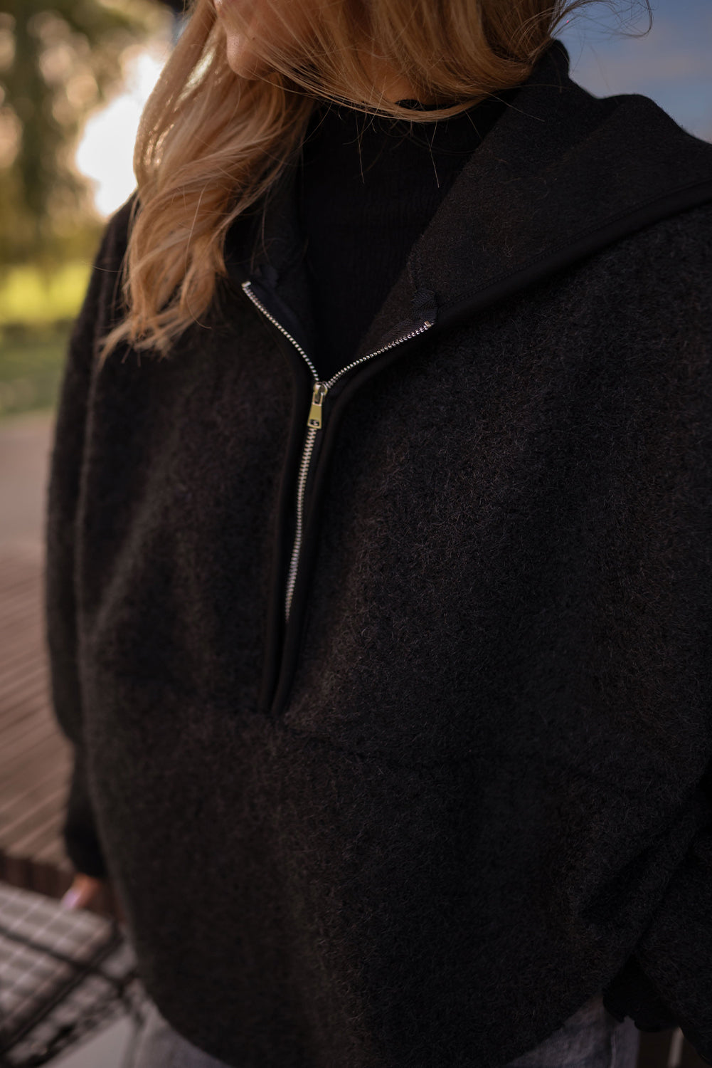 Black Woolen Blend Uneven Hem Half Zipped Pullover Baggy Hoodie