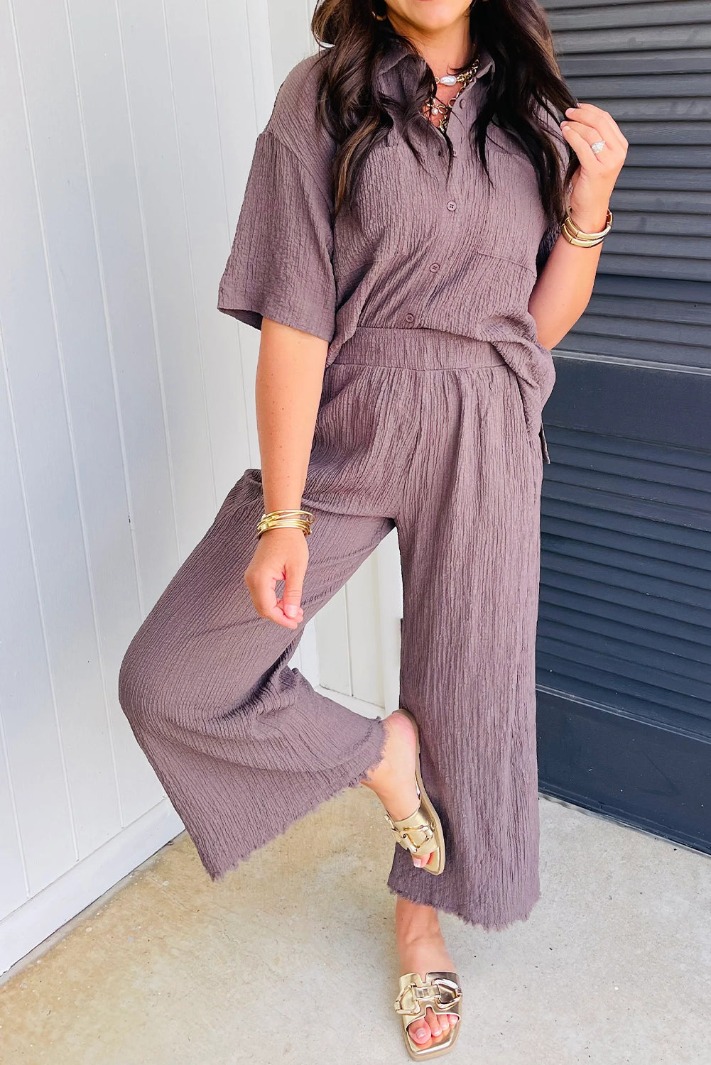 Old Rose Solid Color Textured Short Sleeve Shirt Raw Hem Loose Pants Set