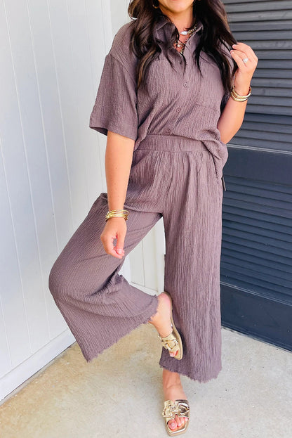 Old Rose Solid Color Textured Short Sleeve Shirt Raw Hem Loose Pants Set