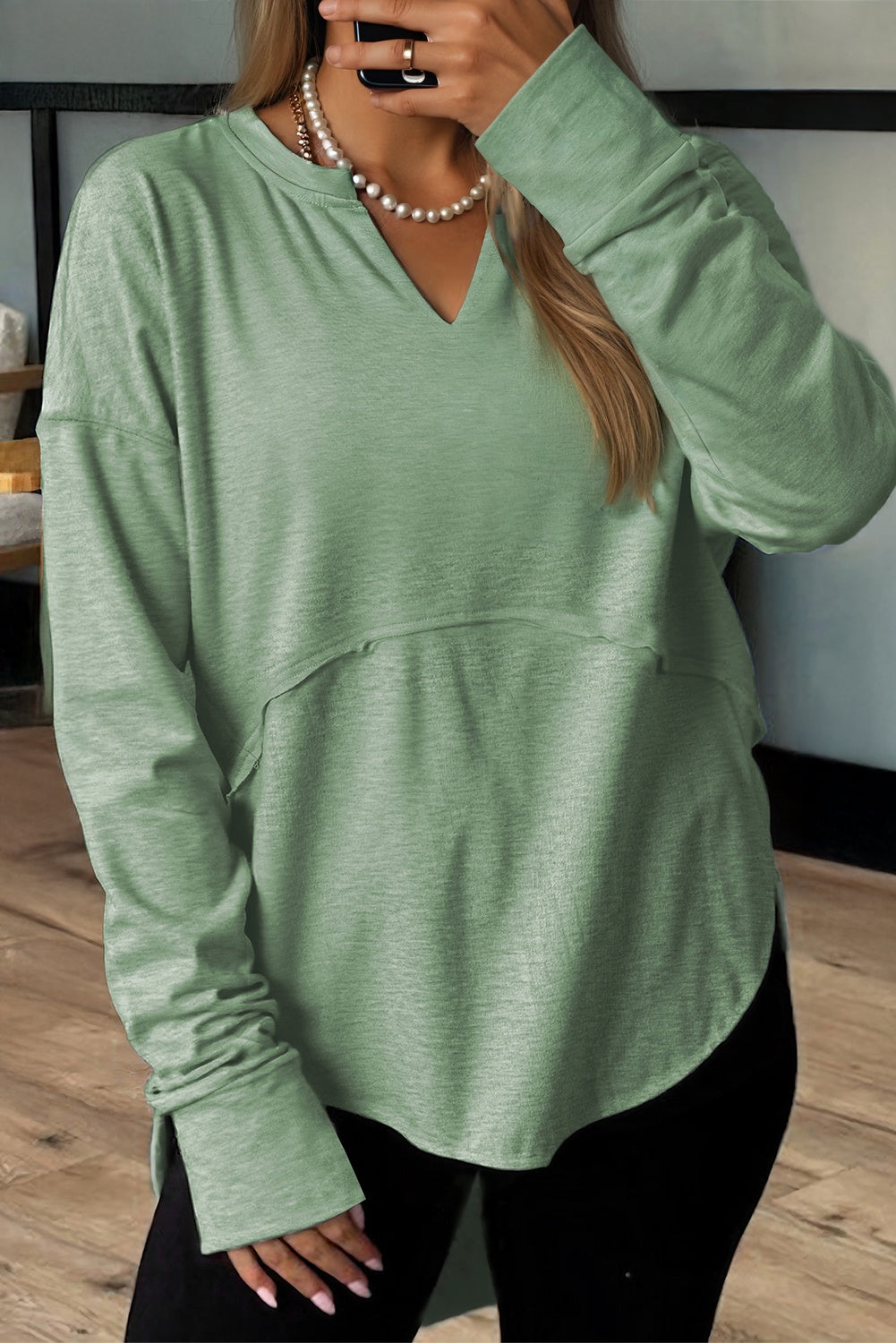 Smoke Green Notched Neck Terry Raw Hem Long Sleeve Top