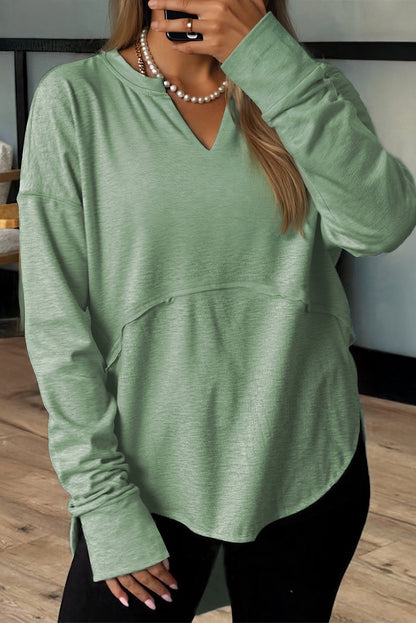 Smoke Green Notched Neck Terry Raw Hem Long Sleeve Top