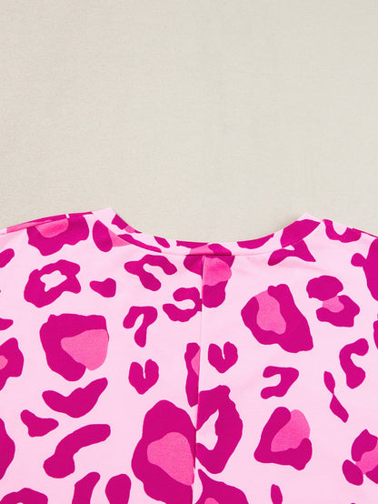 Floral Leopard Print Oversized V-Neck Plus Size T-Shirt