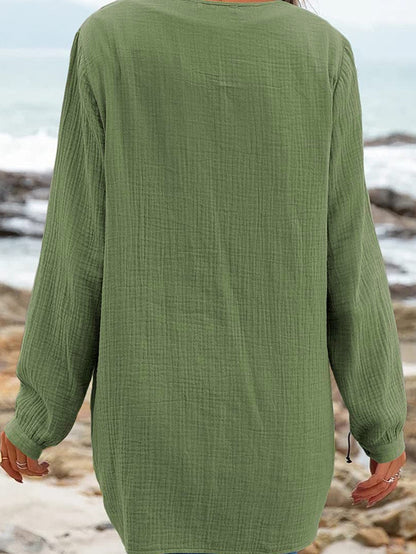 Green Textured V Neck Loose Top with Pleated Details