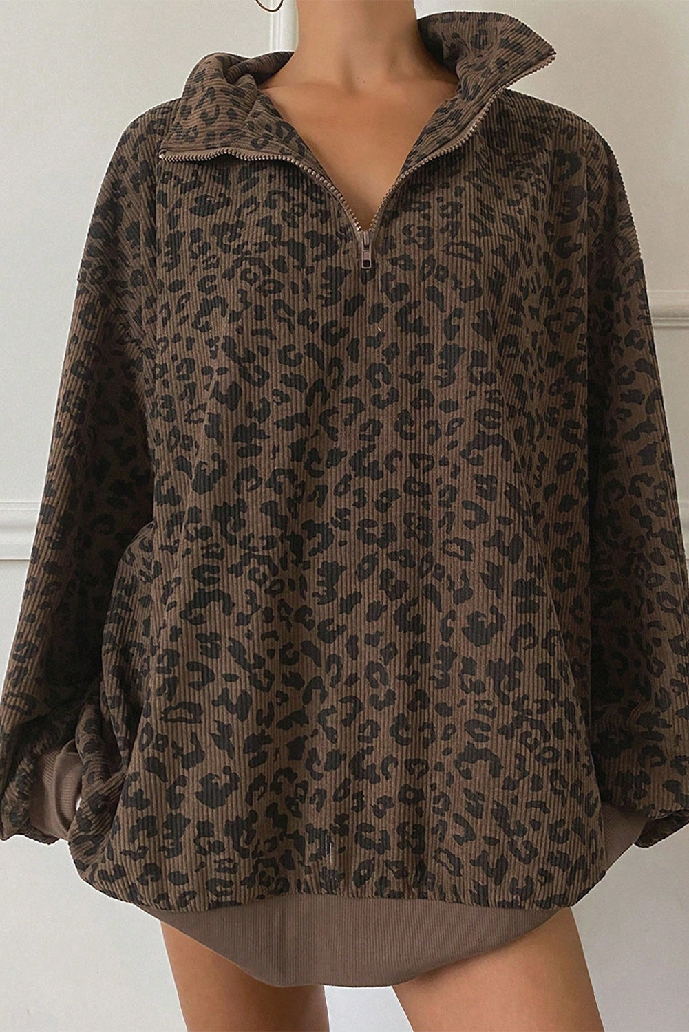 Brown Leopard Print Quarter Zip Corduroy Sweatshirt