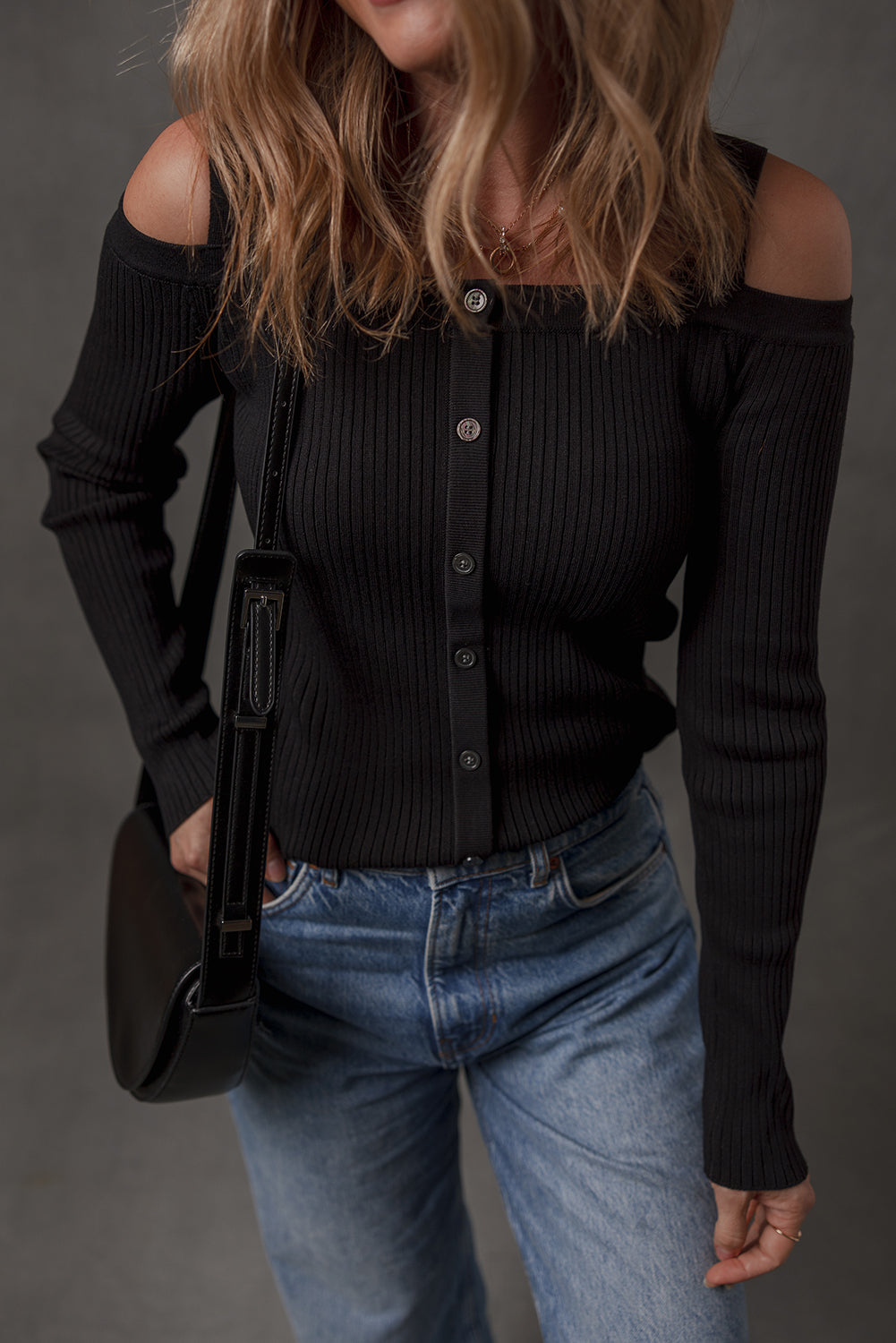 Black Ribbed Knit Cold Shoulder Button Front Sweater