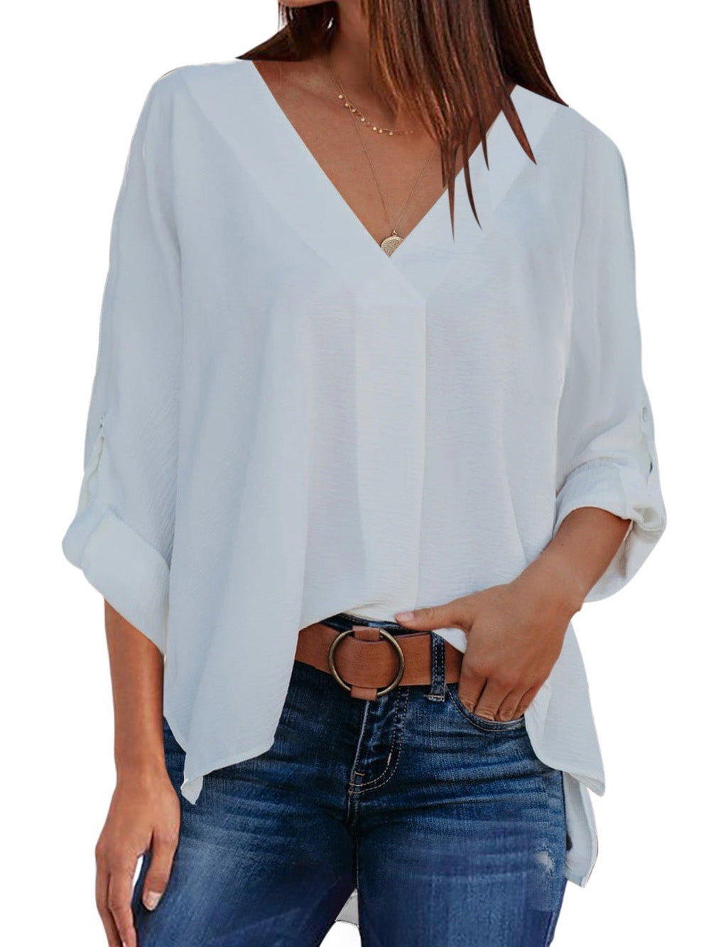 Elegant White V Neck High Low Hem Blouse
