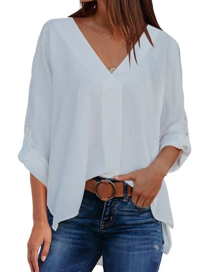 Elegant White V Neck High Low Hem Blouse