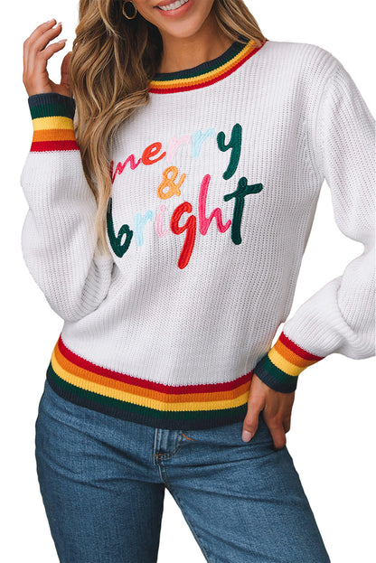 Festive White Stripes Trim Sweater with Merry & Bright Detail