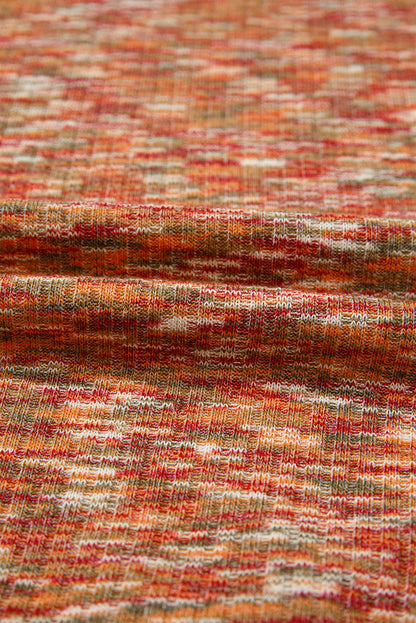 Orange Heathered Knit Lace Floral Patchwork Long Sleeve Blouse