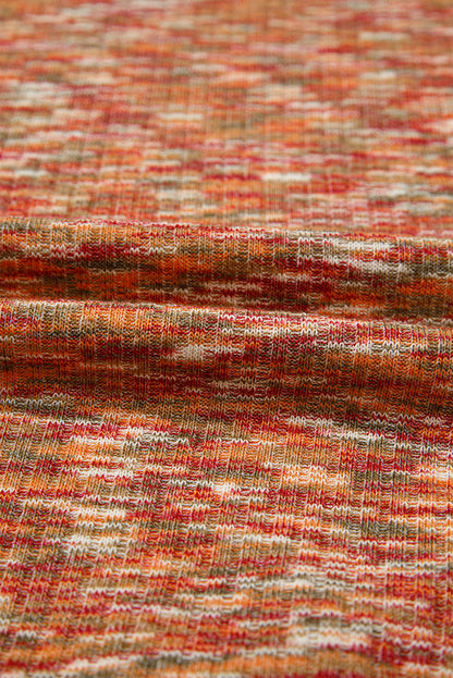 Orange Heathered Knit Lace Floral Patchwork Long Sleeve Blouse