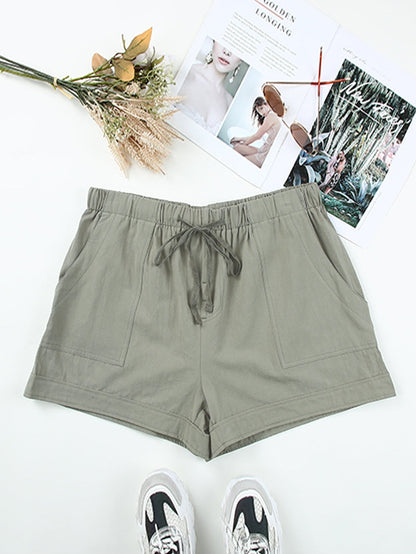 Green Cotton High Waist Loose Fit Shorts with Drawstring Waistband