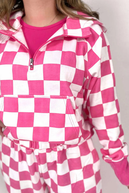 Red Checkered Print Half Zip Hoodie