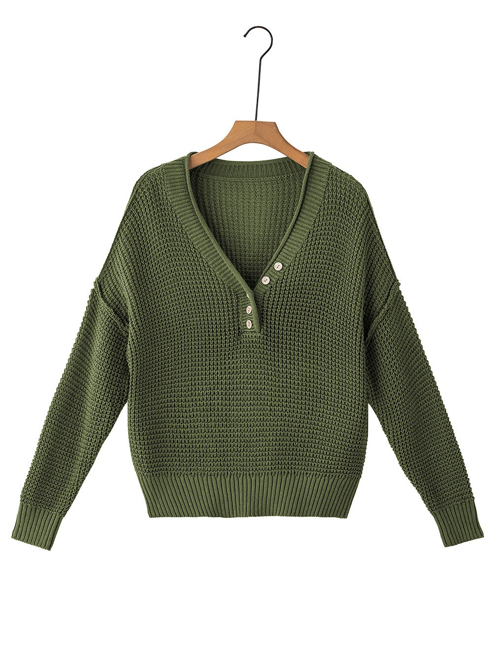Green Buttoned V Neck Drop Shoulder Sweater with Pointelle Knit