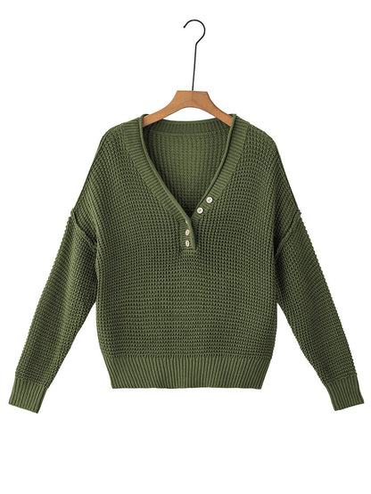 Green Buttoned V Neck Drop Shoulder Sweater with Pointelle Knit