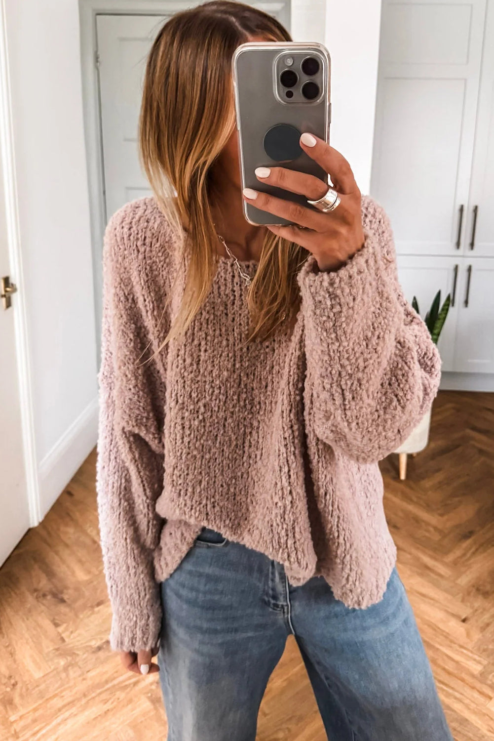 Dusty Pink Round Neck Fuzzy Knit Drop Shoulder Loose Sweater