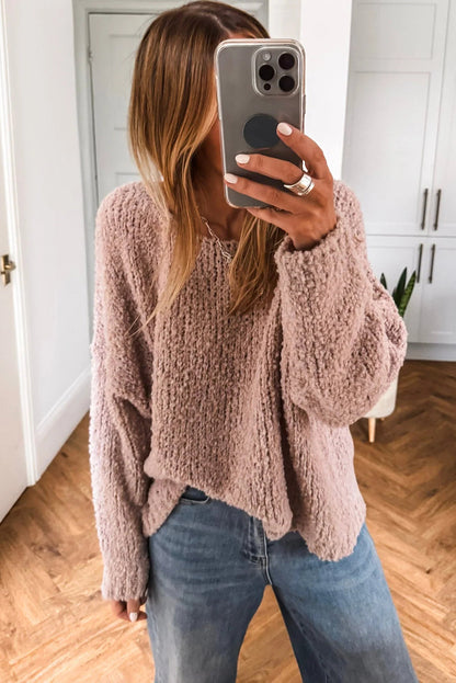 Dusty Pink Round Neck Fuzzy Knit Drop Shoulder Loose Sweater
