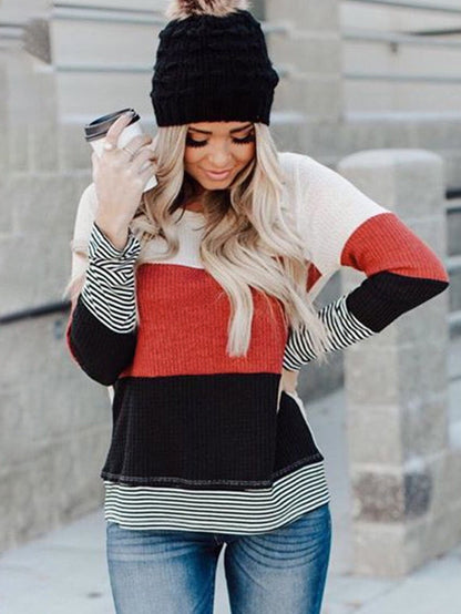 Fashionable Striped Colorblock Top with Long Sleeves