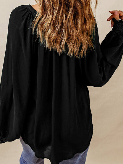Elegant Black V-Neck Puff Sleeve Pleated Top