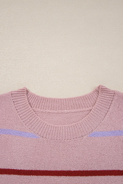 Pink Stripe Ribbed Edge Drop Shoulder Sweater