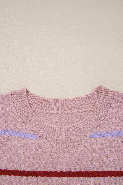 Pink Stripe Ribbed Edge Drop Shoulder Sweater