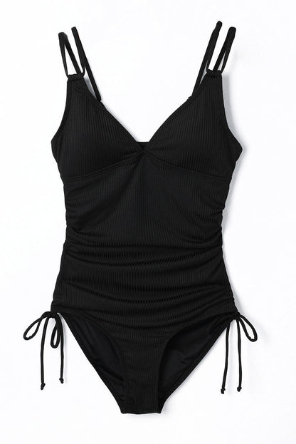 Beach Babe Black Ribbed Knit One Piece Swimsuit with Adjustable Straps