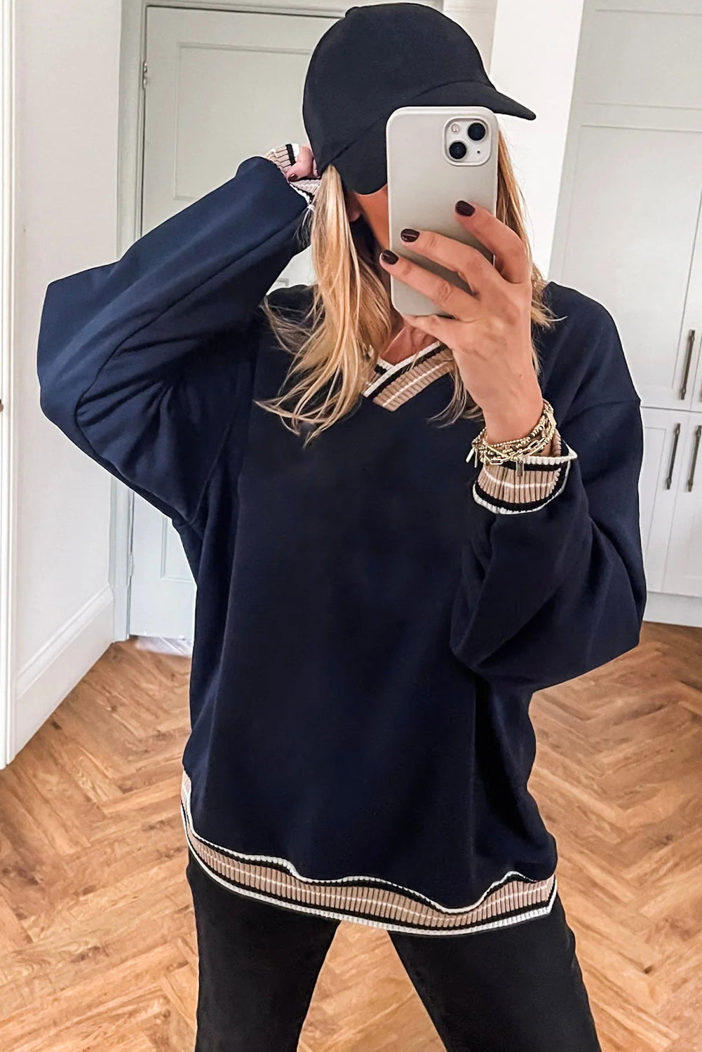 Navy Blue Varsity Contrast Striped Trim V Neck Sweatshirt