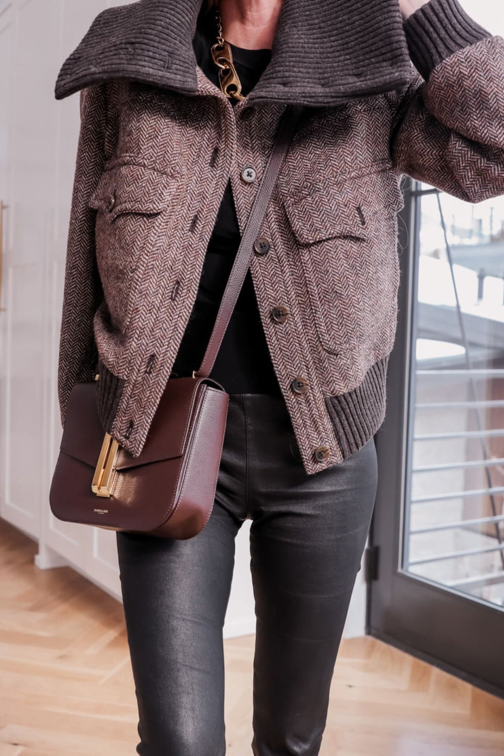 Dark Brown Mix Texture Ribbed Knit Patchwork Large Collar Jacket