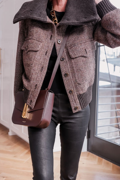 Dark Brown Mix Texture Ribbed Knit Patchwork Large Collar Jacket