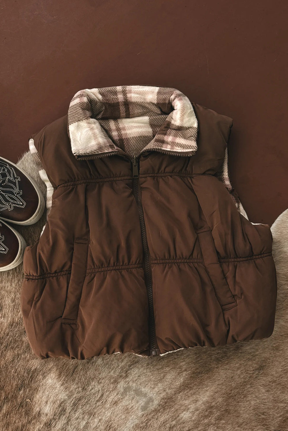 Coffee Inner Plaid Contrasted Zip Up Puffer Vest