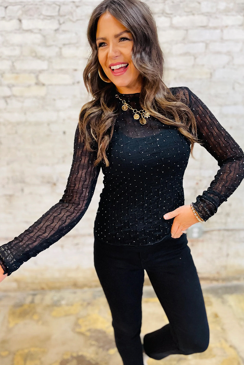 Black Rhinestone Embellished Wavy Texture Mesh Long Sleeve Top