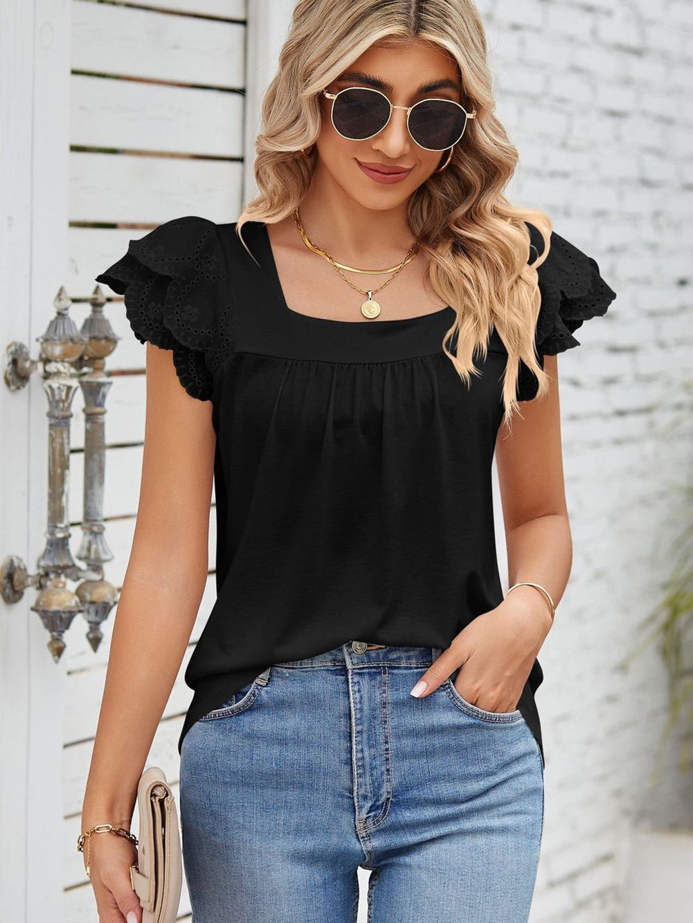 Elegant Black Square Neck Top with Ruffle Sleeves