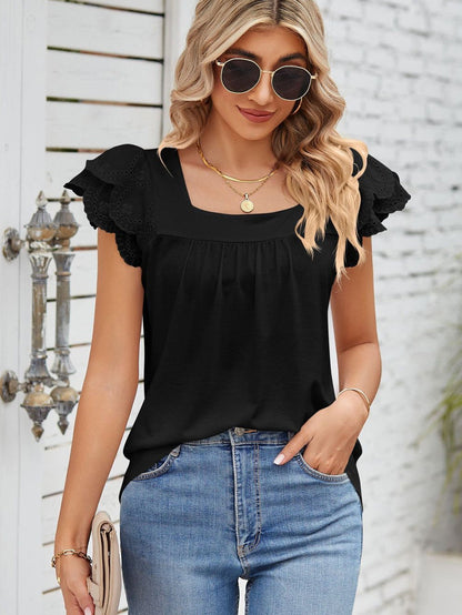 Elegant Black Square Neck Top with Ruffle Sleeves
