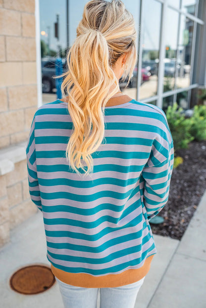 Sky Blue Stripe Contrast Color Ribbed Trim Round Neck Drop Shoulder Sweatshirt