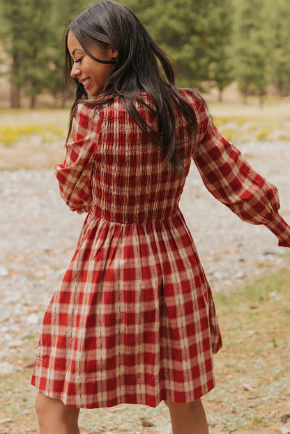 Red Plaid Print Long Sleeve Smocked Flared Mini Dress