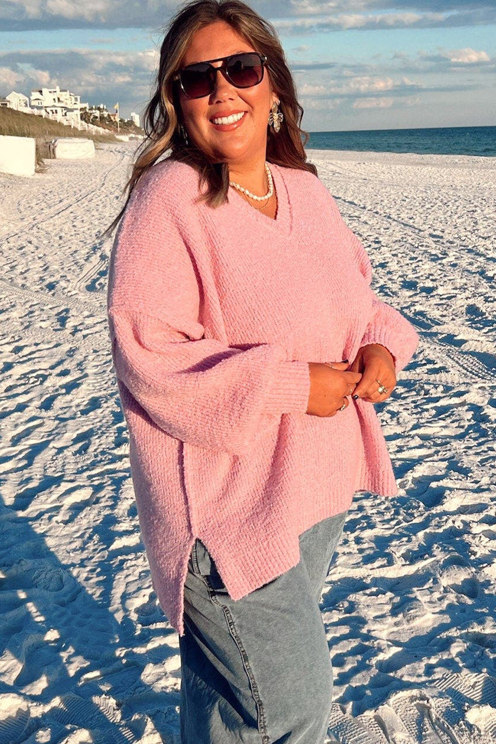 Gossamer Pink Drop Shoulder V Neck Hi Lo Casual Plus Size Sweater