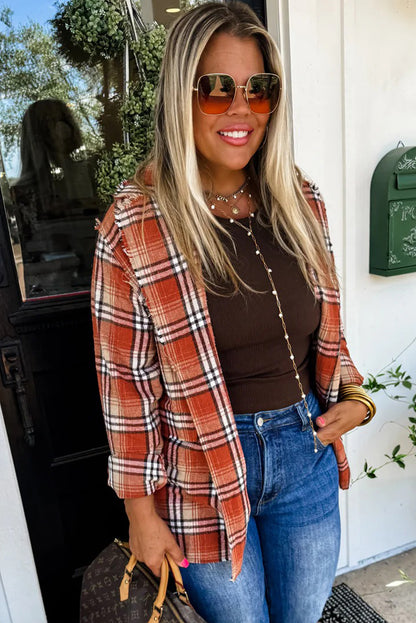 Orange Raw Edge Plaid Open Front Shacket