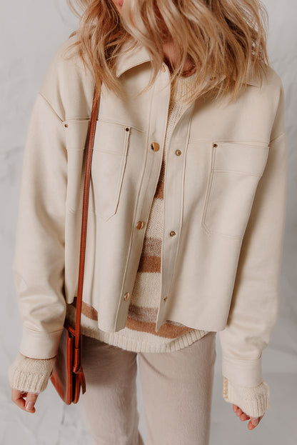 White Double Patch Pocket Snap Button Faux Suede Jacket