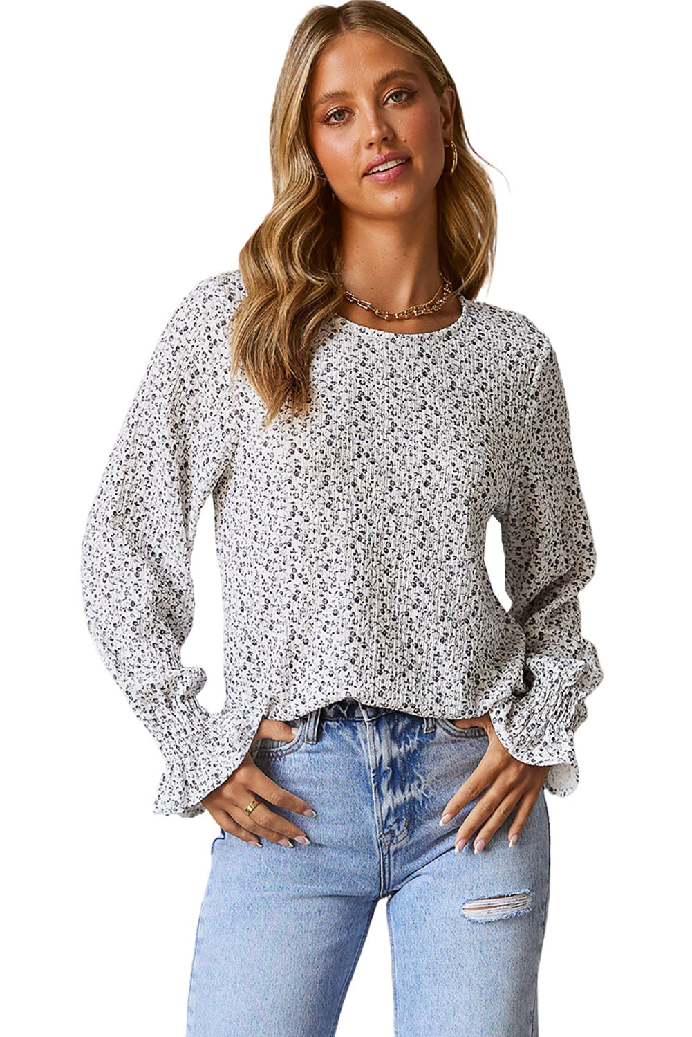 Floral Print Bubble Sleeve Black Blouse with Crinkle Texture