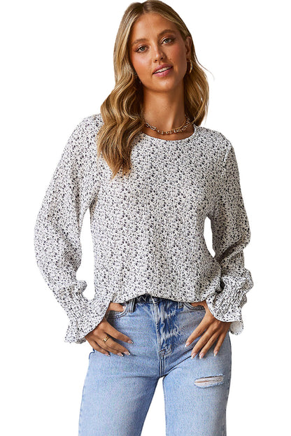Floral Print Bubble Sleeve Black Blouse with Crinkle Texture
