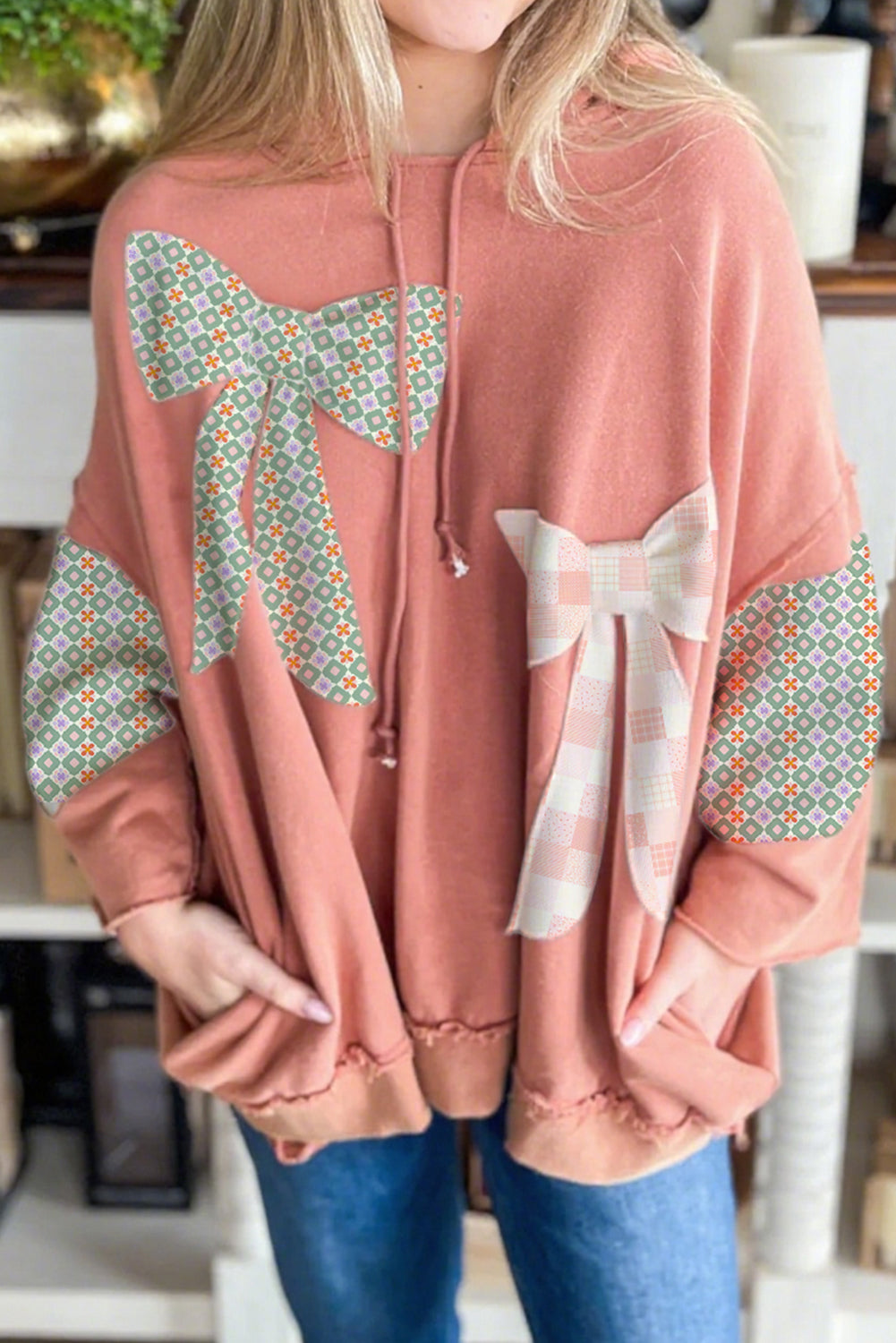 Flamingo Contrast Patched Bow Knot Accent Oversize Hoodie