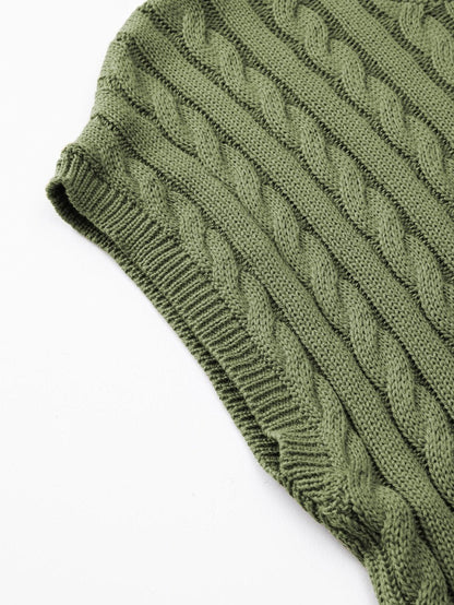 Green Jungle Cable Knit Short Sleeve Sweater with Crew Neck