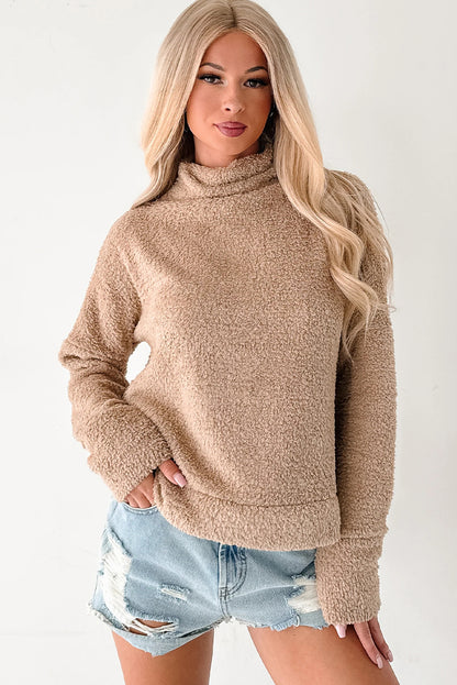Camel High Neck Drop Shoulder Fuzzy Knit Sweater